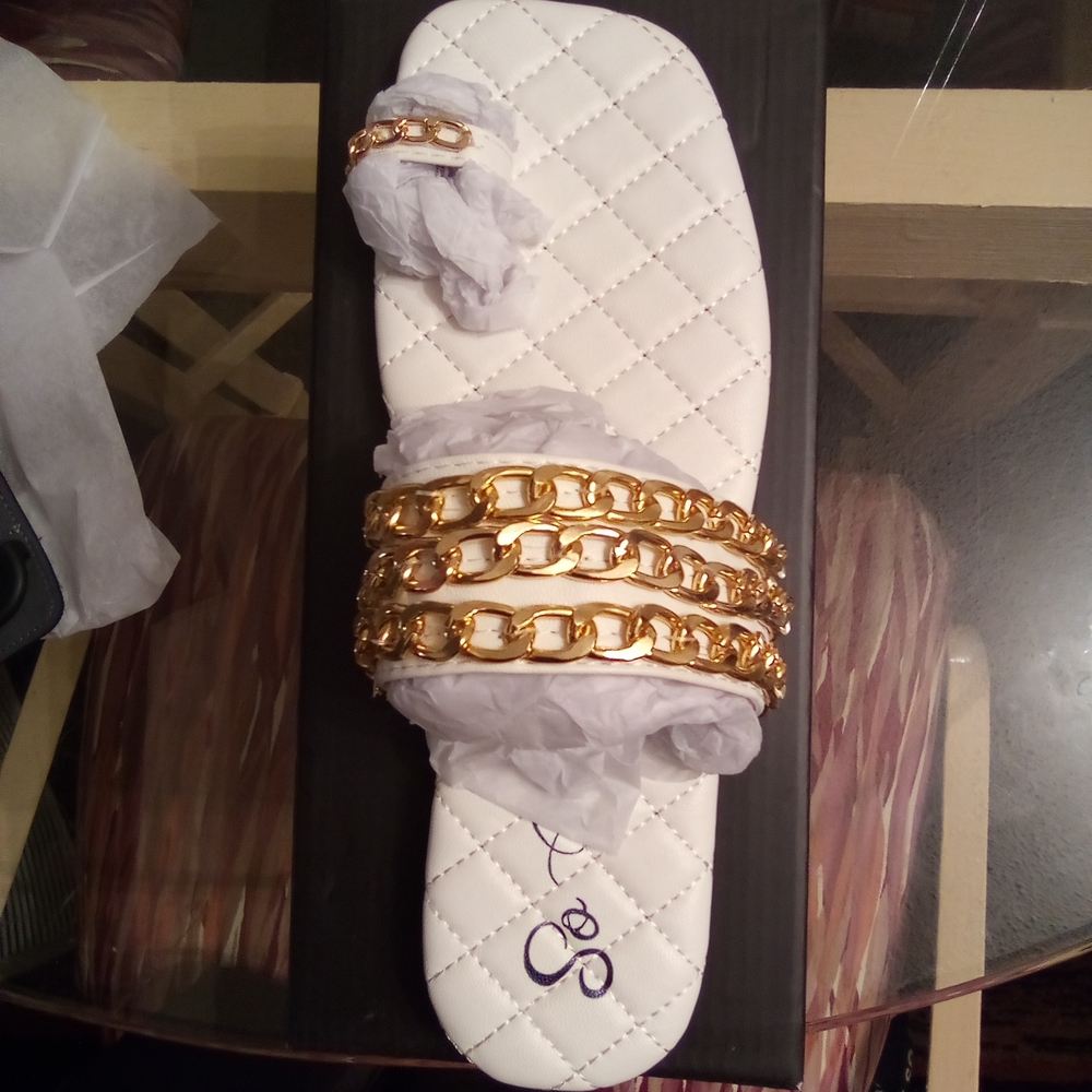 Chic Gold Chain White Sandals